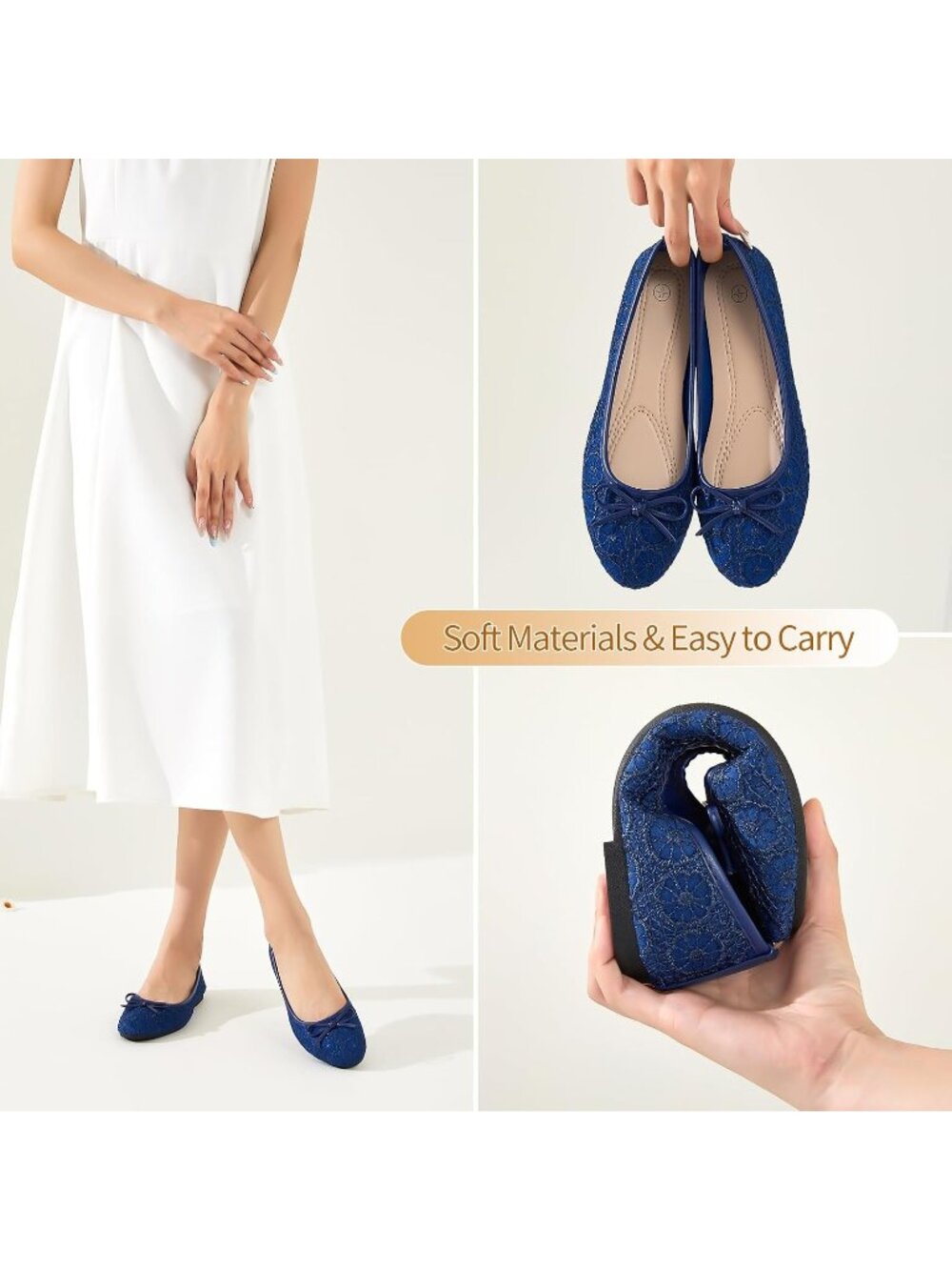 Women's Blue Point Toe Comfortable Dressy Slip on Casual Bow Ballet Flat Shoes - Picture 2 of 6
